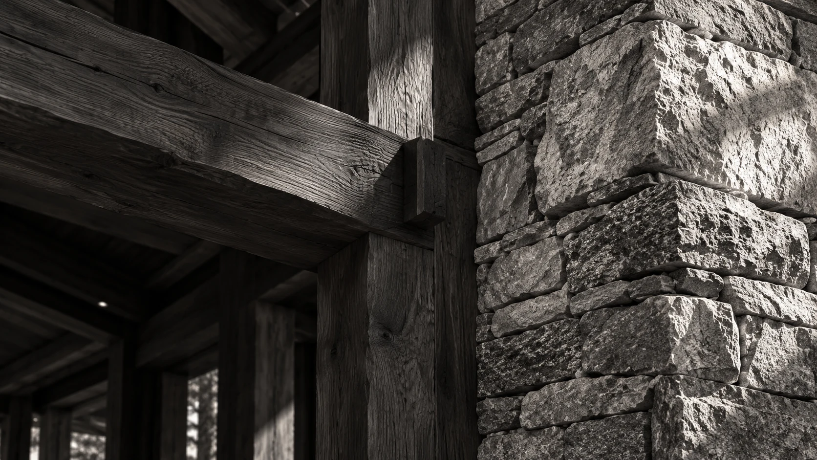 Monochrome architectural detail of stone, timber, texture and raking light