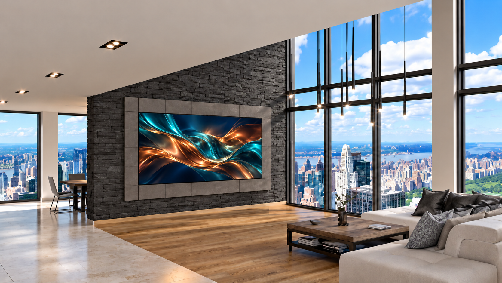 DreamWall display framed by HALO speaker grills that conceal the speakers, integrated into slim stacked stone beside the city-view windows.