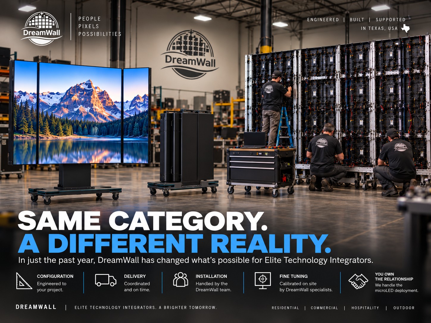 DreamWall industrial configuration scene with an unfolded Monarch mobile display, a folded and lowered Monarch, and a large direct-view LED wall under configuration